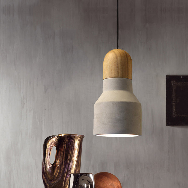 Cement Grey Hanging Light Kit Cone/Trapezoid/Can 1-Head 8.5"/10"/12" High Industrial Pendant Lamp Fixture with Wood Top Grey 10" Clearhalo 'Ceiling Lights' 'Industrial Pendants' 'Industrial' 'Middle Century Pendants' 'Pendant Lights' 'Pendants' 'Tiffany' Lighting' 739185