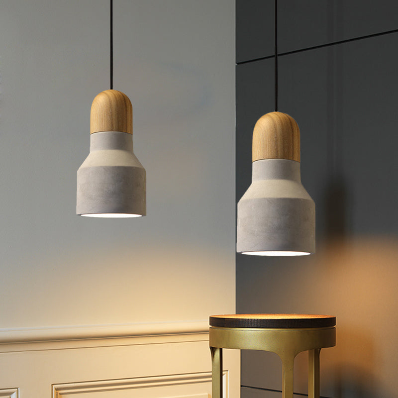 Cement Grey Hanging Light Kit Cone/Trapezoid/Can 1-Head 8.5"/10"/12" High Industrial Pendant Lamp Fixture with Wood Top Clearhalo 'Ceiling Lights' 'Industrial Pendants' 'Industrial' 'Middle Century Pendants' 'Pendant Lights' 'Pendants' 'Tiffany' Lighting' 739186