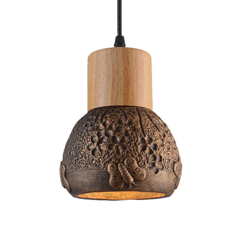 1 Head Cement Ceiling Light Industrial Black/Grey/Brown and Wood Dome Bedroom Pendant Lamp with Butterfly Pattern Clearhalo 'Ceiling Lights' 'Industrial Pendants' 'Industrial' 'Middle Century Pendants' 'Pendant Lights' 'Pendants' 'Tiffany' Lighting' 739201