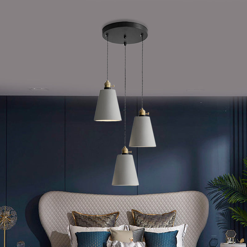 Grey 3 Heads Multi Ceiling Light Industrial Cement Cone/Bell/Drum Pendant Lamp Fixture, 3"/5"/6" H Clearhalo 'Ceiling Lights' 'Industrial Pendants' 'Industrial' 'Middle Century Pendants' 'Pendant Lights' 'Pendants' 'Tiffany' Lighting' 739249