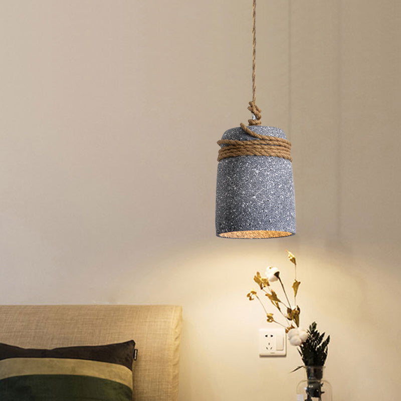 Cement Bell Pendant Lighting Antiqued 1 Bulb Restaurant Ceiling Lamp in Black/Grey/White with Rope Rod Clearhalo 'Ceiling Lights' 'Industrial Pendants' 'Industrial' 'Middle Century Pendants' 'Pendant Lights' 'Pendants' 'Tiffany' Lighting' 739297