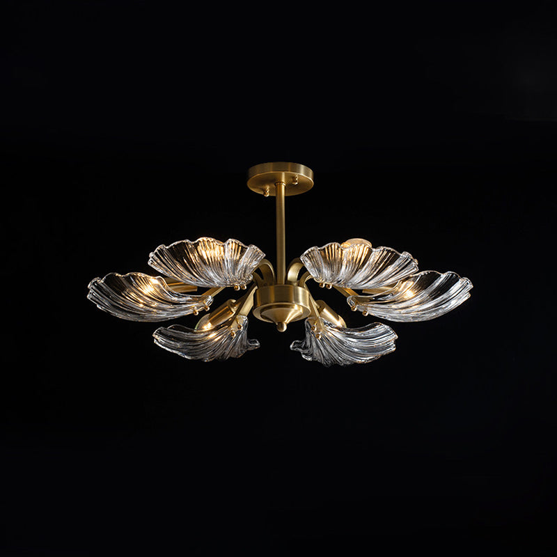 Shell Shaped Clear Glass Semi Flush Light Modern 6-Bulb Bedroom Ceiling Mounted Fixture in Brass Clearhalo 'Ceiling Lights' 'Close To Ceiling Lights' 'Close to ceiling' 'Glass shade' 'Glass' 'Island Lights' 'Semi-flushmount' Lighting' 739531