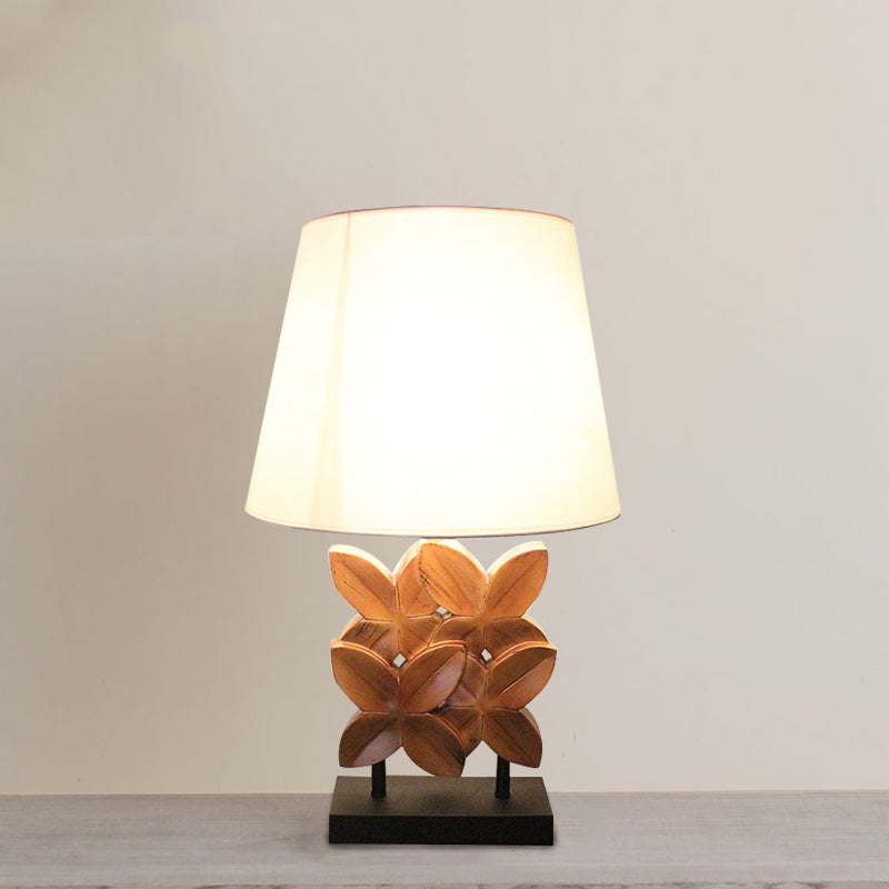 Empire Shade Table Lighting Retro Fabric 1 Bulb White Night Stand Lamp with Wood Carved Leaf Base White Clearhalo 'Lamps' 'Table Lamps' Lighting' 740082