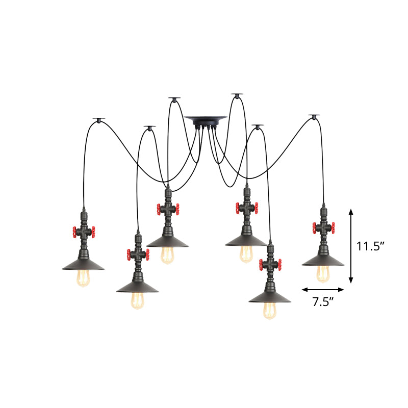 Iron Black Multi Light Chandelier Saucer 2/3/6 Heads Antiqued Swag Ceiling Pendant Lamp with Valve Decor Clearhalo 'Art Deco Pendants' 'Black' 'Cast Iron' 'Ceiling Lights' 'Ceramic' 'Crystal' 'Industrial Pendants' 'Industrial' 'Metal' 'Middle Century Pendants' 'Pendant Lights' 'Pendants' 'Rustic Pendants' 'Tiffany' Lighting' 753924