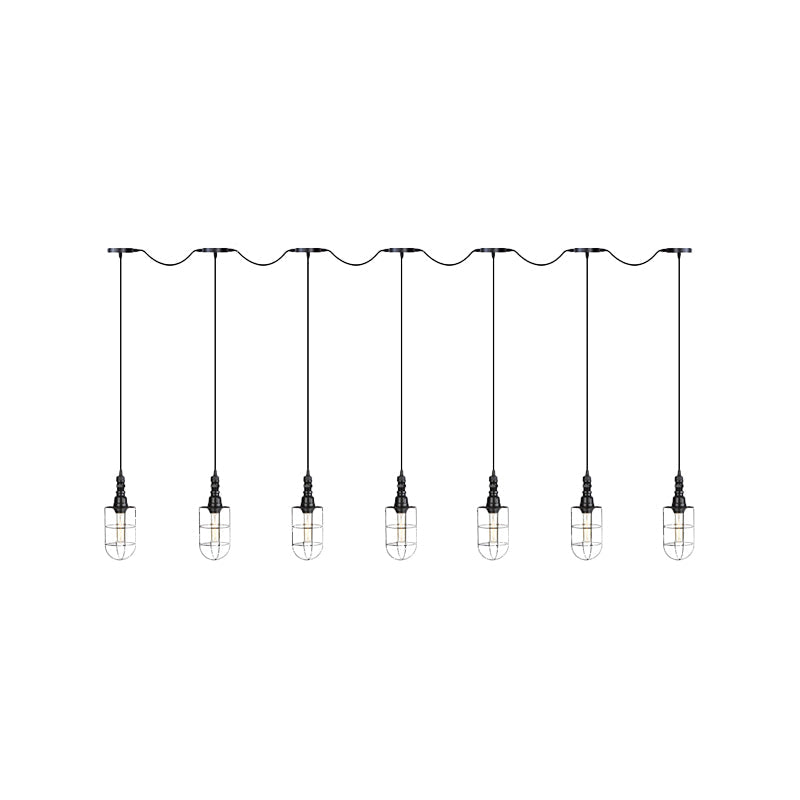 3/5/7-Head Iron Tandem Multi Ceiling Light Rustic Black Finish Wire Cage Restaurant Pendulum Lamp Clearhalo 'Art Deco Pendants' 'Black' 'Cast Iron' 'Ceiling Lights' 'Ceramic' 'Crystal' 'Industrial Pendants' 'Industrial' 'Metal' 'Middle Century Pendants' 'Pendant Lights' 'Pendants' 'Rustic Pendants' 'Tiffany' Lighting' 753984