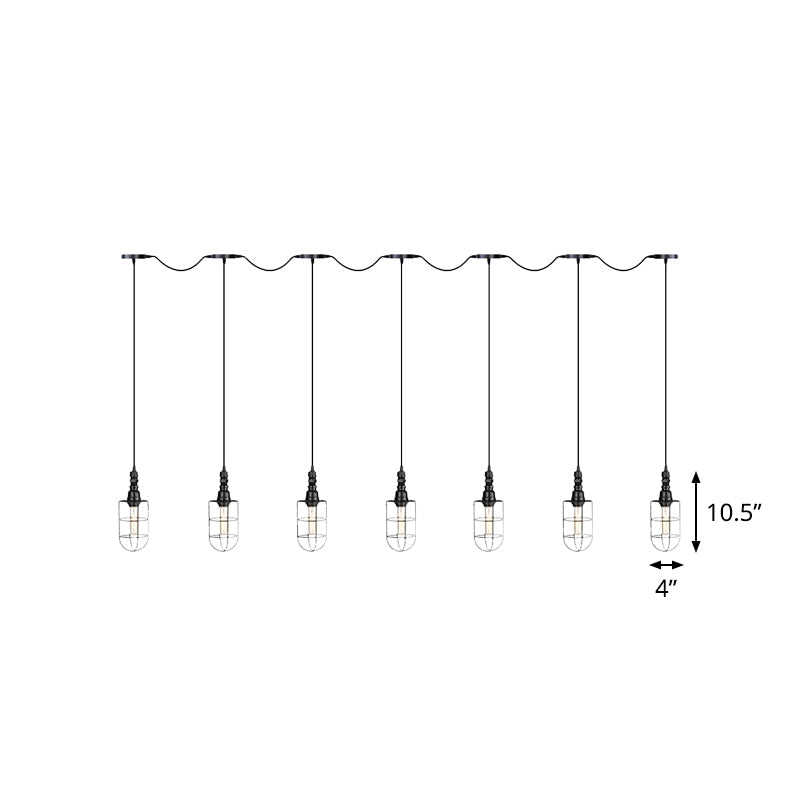 3/5/7-Head Iron Tandem Multi Ceiling Light Rustic Black Finish Wire Cage Restaurant Pendulum Lamp Clearhalo 'Art Deco Pendants' 'Black' 'Cast Iron' 'Ceiling Lights' 'Ceramic' 'Crystal' 'Industrial Pendants' 'Industrial' 'Metal' 'Middle Century Pendants' 'Pendant Lights' 'Pendants' 'Rustic Pendants' 'Tiffany' Lighting' 753986