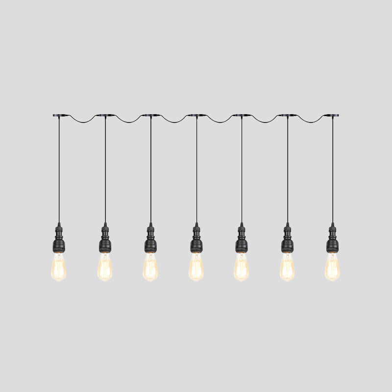 Exposed Bulb Restaurant Pendant Lamp Vintage Iron 5/7 Lights Black Finish Tandem Multi Hanging Light Fixture Clearhalo 'Art Deco Pendants' 'Black' 'Cast Iron' 'Ceiling Lights' 'Ceramic' 'Crystal' 'Industrial Pendants' 'Industrial' 'Metal' 'Middle Century Pendants' 'Pendant Lights' 'Pendants' 'Rustic Pendants' 'Tiffany' Lighting' 754032