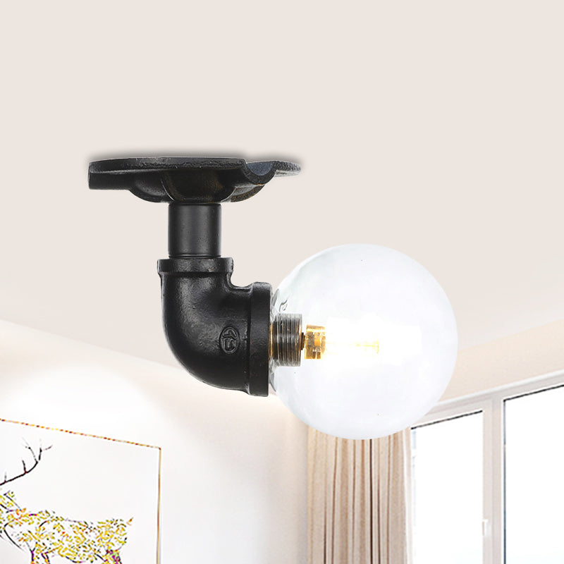 Clear Glass Ball Semi Flushmount Vintage 1 Head Hallway LED Ceiling Flush Mount in Black Black A Clearhalo 'Ceiling Lights' 'Close To Ceiling Lights' 'Close to ceiling' 'Glass shade' 'Glass' 'Semi-flushmount' Lighting' 754043