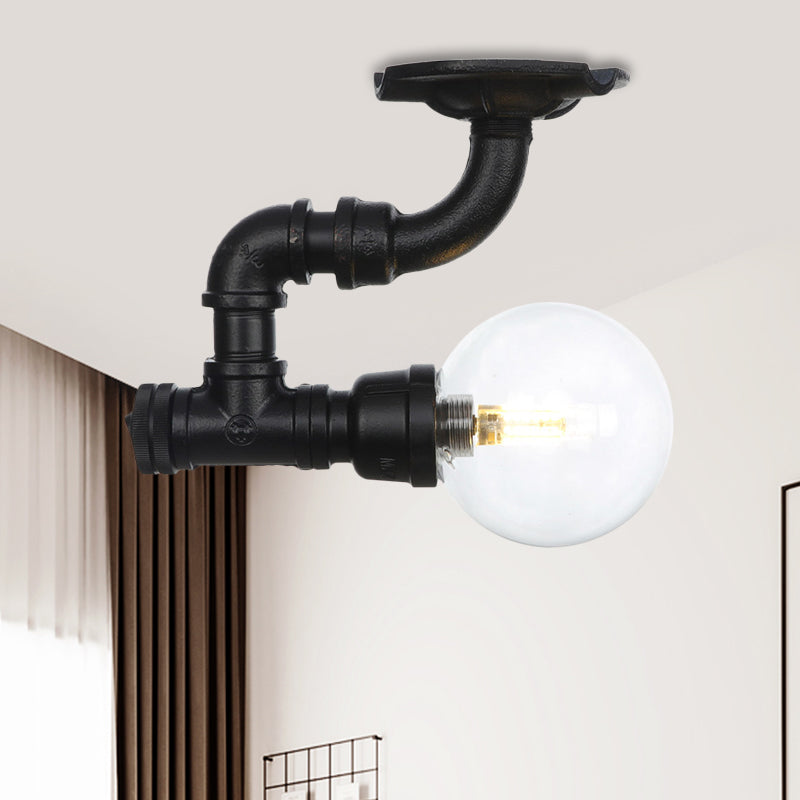 Clear Glass Ball Semi Flushmount Vintage 1 Head Hallway LED Ceiling Flush Mount in Black Clearhalo 'Ceiling Lights' 'Close To Ceiling Lights' 'Close to ceiling' 'Glass shade' 'Glass' 'Semi-flushmount' Lighting' 754048