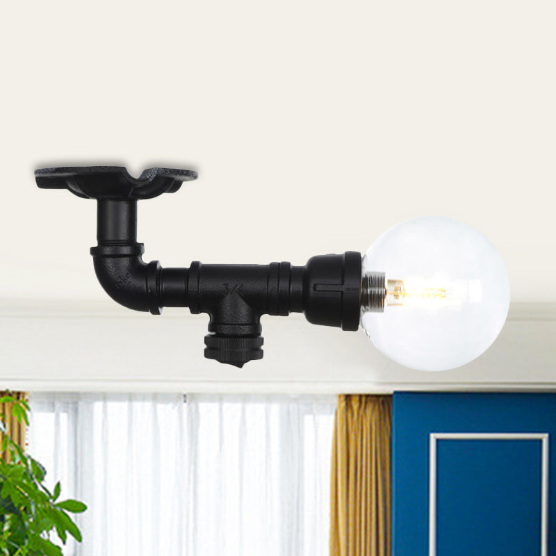 Clear Glass Ball Semi Flushmount Vintage 1 Head Hallway LED Ceiling Flush Mount in Black Black C Clearhalo 'Ceiling Lights' 'Close To Ceiling Lights' 'Close to ceiling' 'Glass shade' 'Glass' 'Semi-flushmount' Lighting' 754052