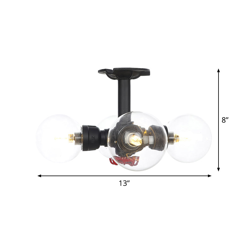 Industrial-Style Orb Semi Flush Light 3/4 Lights Clear Glass LED Flushmount Lamp in Black Clearhalo 'Ceiling Lights' 'Close To Ceiling Lights' 'Close to ceiling' 'Glass shade' 'Glass' 'Semi-flushmount' Lighting' 754137