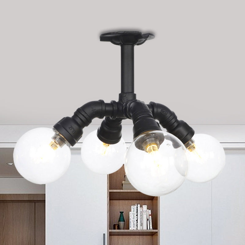 Black 4/5/6-Head Semi Flushmount Antiqued Clear Glass Ball LED Close to Ceiling Lighting Black B Clearhalo 'Ceiling Lights' 'Close To Ceiling Lights' 'Close to ceiling' 'Glass shade' 'Glass' 'Semi-flushmount' Lighting' 754142