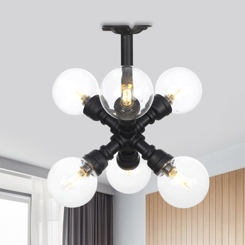 Black 4/5/6-Head Semi Flushmount Antiqued Clear Glass Ball LED Close to Ceiling Lighting Black D Clearhalo 'Ceiling Lights' 'Close To Ceiling Lights' 'Close to ceiling' 'Glass shade' 'Glass' 'Semi-flushmount' Lighting' 754152