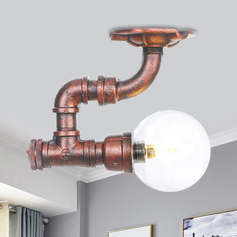Clear Glass Copper Semi-Flush Mount Spherical 1 Bulb Antiqued LED Flush Ceiling Light Fixture Copper B Clearhalo 'Ceiling Lights' 'Close To Ceiling Lights' 'Close to ceiling' 'Glass shade' 'Glass' 'Semi-flushmount' Lighting' 754161