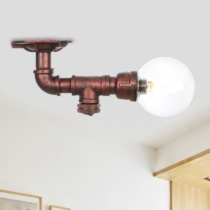 Clear Glass Copper Semi-Flush Mount Spherical 1 Bulb Antiqued LED Flush Ceiling Light Fixture Copper C Clearhalo 'Ceiling Lights' 'Close To Ceiling Lights' 'Close to ceiling' 'Glass shade' 'Glass' 'Semi-flushmount' Lighting' 754166