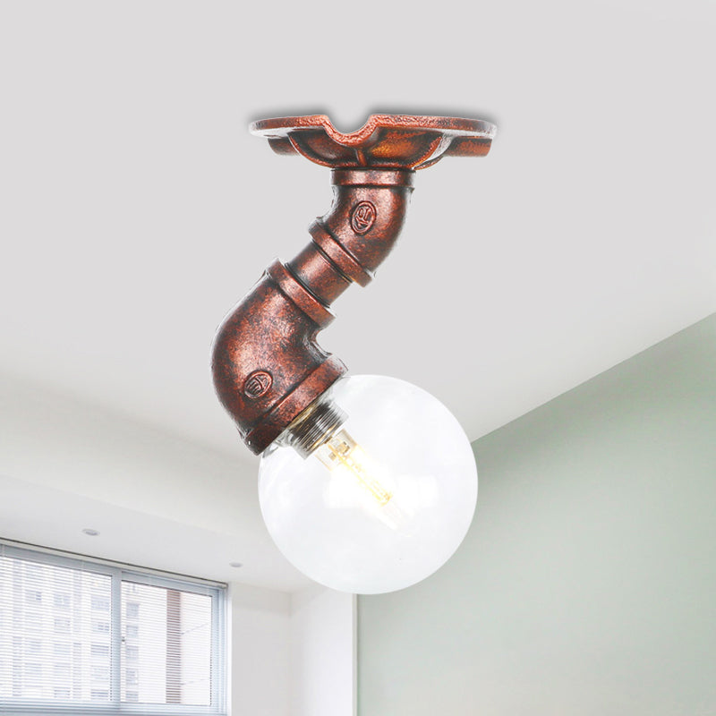 Clear Glass Copper Semi-Flush Mount Spherical 1 Bulb Antiqued LED Flush Ceiling Light Fixture Clearhalo 'Ceiling Lights' 'Close To Ceiling Lights' 'Close to ceiling' 'Glass shade' 'Glass' 'Semi-flushmount' Lighting' 754172