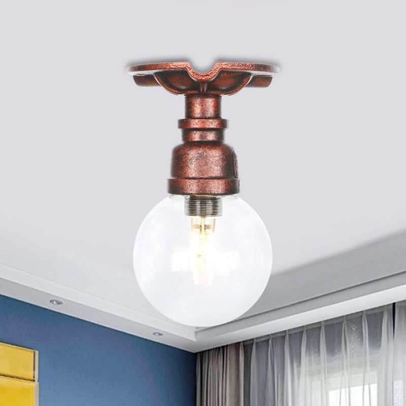 1 Bulb Semi Flush Ceiling Light Industrial Globe Clear Glass LED Flush Mount Lamp in Copper Clearhalo 'Ceiling Lights' 'Close To Ceiling Lights' 'Close to ceiling' 'Glass shade' 'Glass' 'Semi-flushmount' Lighting' 754181