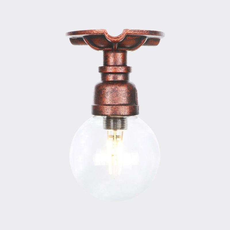 1 Bulb Semi Flush Ceiling Light Industrial Globe Clear Glass LED Flush Mount Lamp in Copper Clearhalo 'Ceiling Lights' 'Close To Ceiling Lights' 'Close to ceiling' 'Glass shade' 'Glass' 'Semi-flushmount' Lighting' 754183