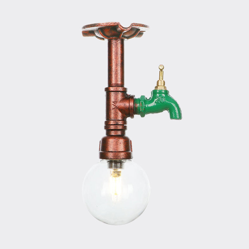 1 Bulb Semi Flush Ceiling Light Industrial Globe Clear Glass LED Flush Mount Lamp in Copper Clearhalo 'Ceiling Lights' 'Close To Ceiling Lights' 'Close to ceiling' 'Glass shade' 'Glass' 'Semi-flushmount' Lighting' 754193