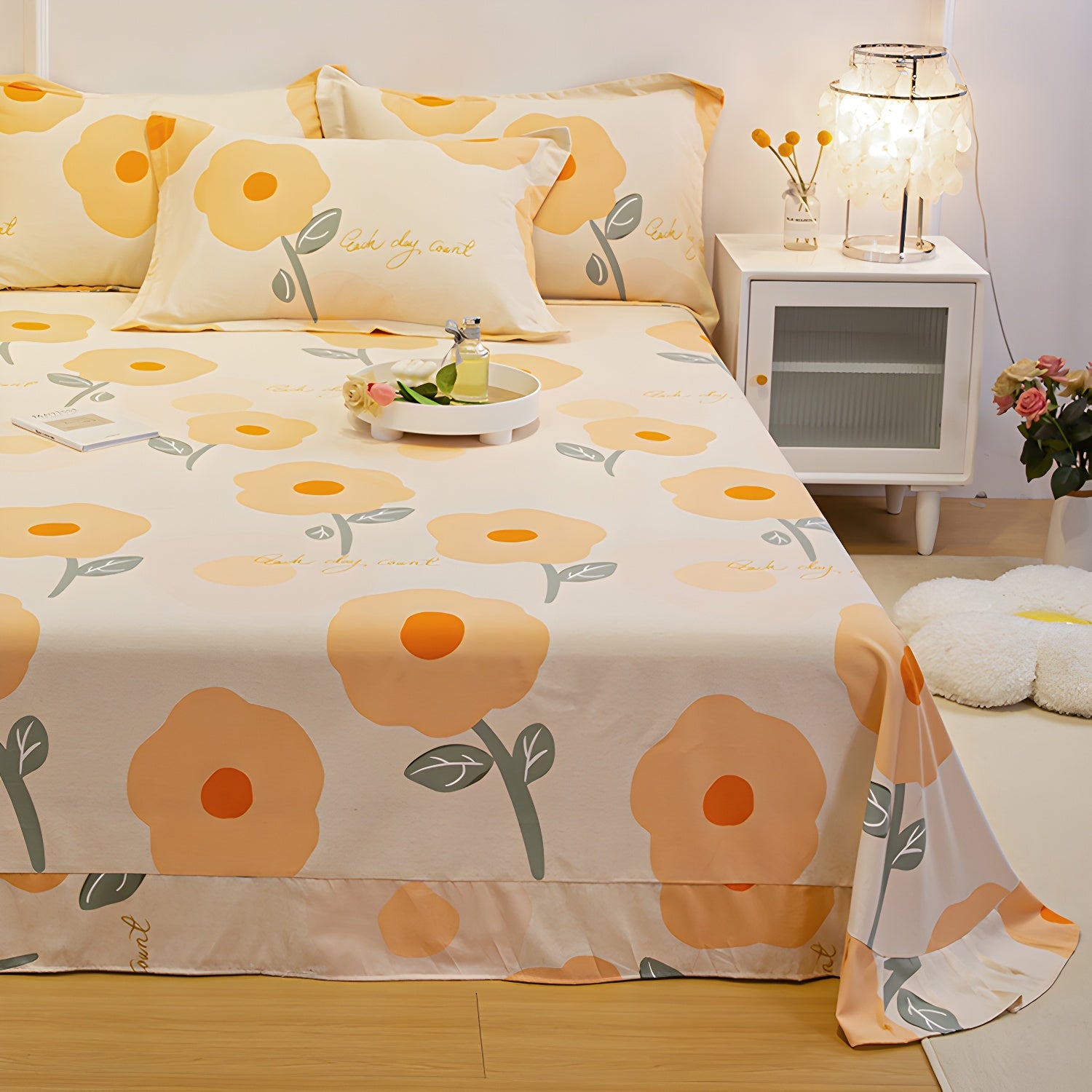 Sheet Set Cotton Floral Printed Breathable Ultra Soft Wrinkle Resistant Bed Sheet Set