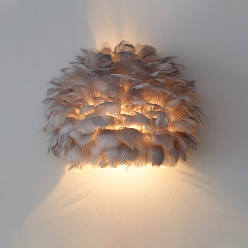 Designer Half Globe Wall Lighting 1 Bulb Feather Sitting Room Flush Mount Wall Sconce in White/Grey Clearhalo 'Modern wall lights' 'Modern' 'Wall Lamps & Sconces' 'Wall Lights' Lighting' 754929