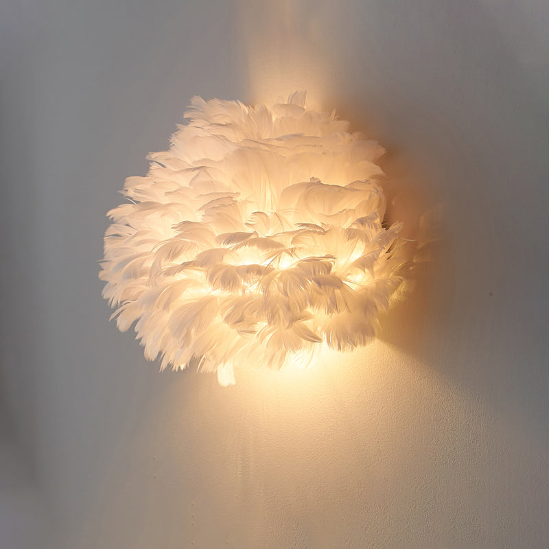 Designer Half Globe Wall Lighting 1 Bulb Feather Sitting Room Flush Mount Wall Sconce in White/Grey Clearhalo 'Modern wall lights' 'Modern' 'Wall Lamps & Sconces' 'Wall Lights' Lighting' 754934