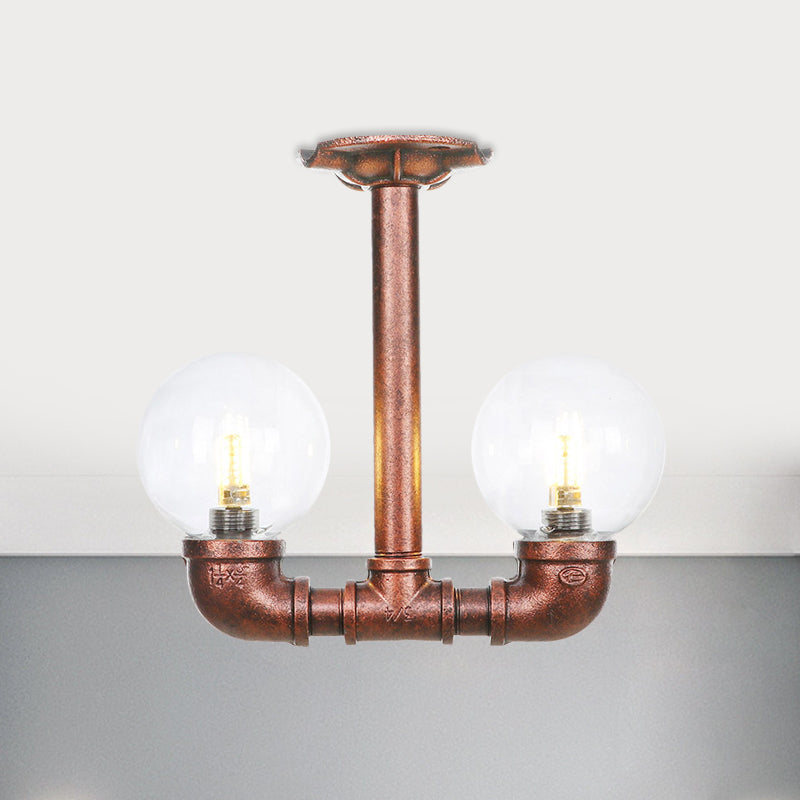 2 Heads Clear Glass Semi Flush Mount Industrial Copper Finish Orb Corridor Ceiling Flush Copper A Clearhalo 'Ceiling Lights' 'Close To Ceiling Lights' 'Close to ceiling' 'Glass shade' 'Glass' 'Semi-flushmount' Lighting' 756572