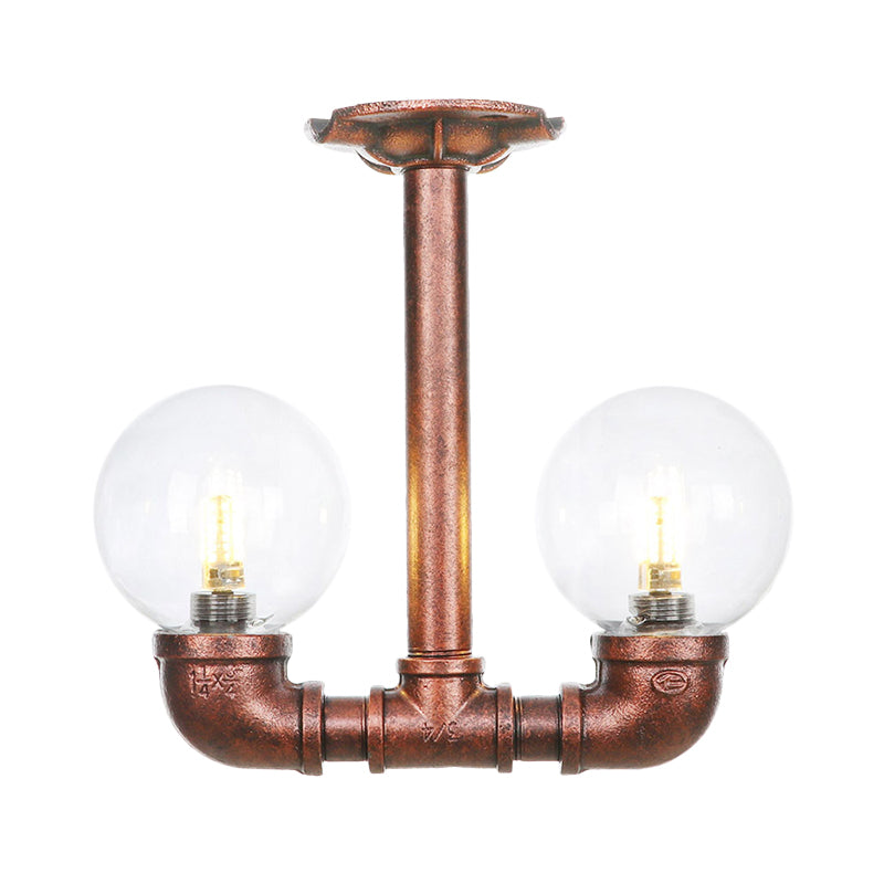 2 Heads Clear Glass Semi Flush Mount Industrial Copper Finish Orb Corridor Ceiling Flush Clearhalo 'Ceiling Lights' 'Close To Ceiling Lights' 'Close to ceiling' 'Glass shade' 'Glass' 'Semi-flushmount' Lighting' 756573