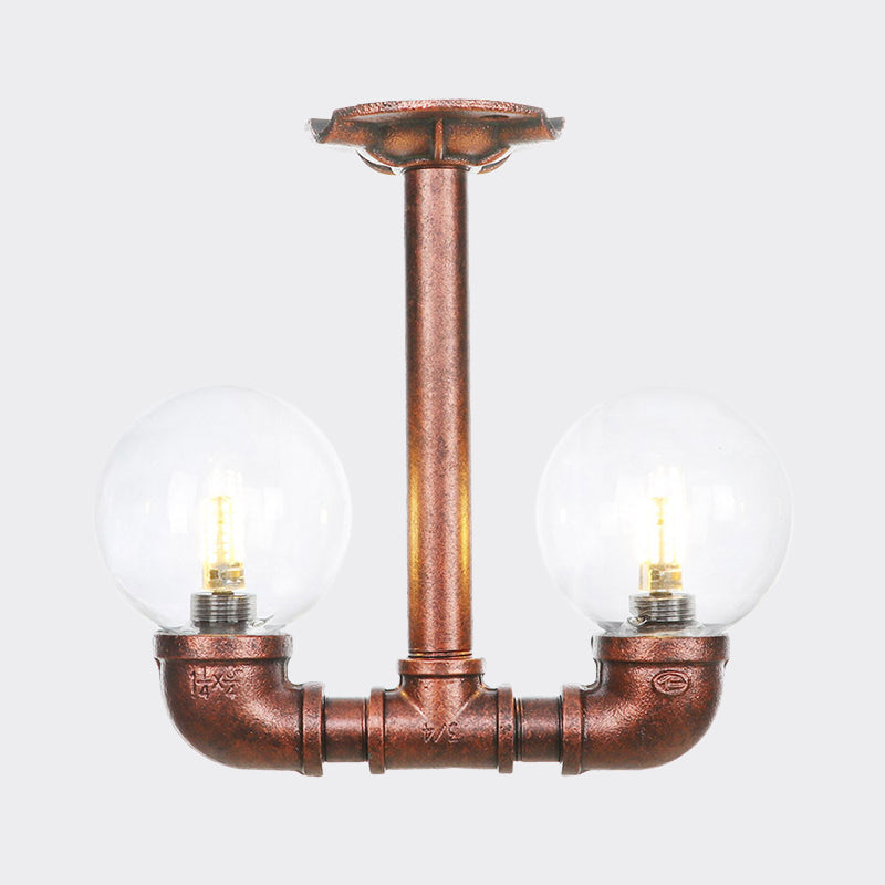 2 Heads Clear Glass Semi Flush Mount Industrial Copper Finish Orb Corridor Ceiling Flush Clearhalo 'Ceiling Lights' 'Close To Ceiling Lights' 'Close to ceiling' 'Glass shade' 'Glass' 'Semi-flushmount' Lighting' 756574
