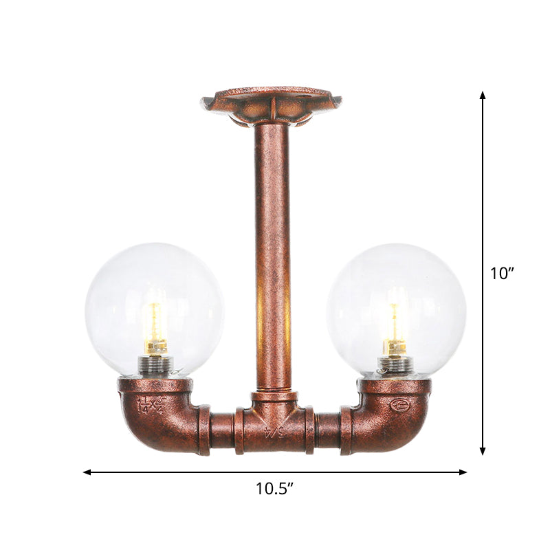 2 Heads Clear Glass Semi Flush Mount Industrial Copper Finish Orb Corridor Ceiling Flush Clearhalo 'Ceiling Lights' 'Close To Ceiling Lights' 'Close to ceiling' 'Glass shade' 'Glass' 'Semi-flushmount' Lighting' 756575