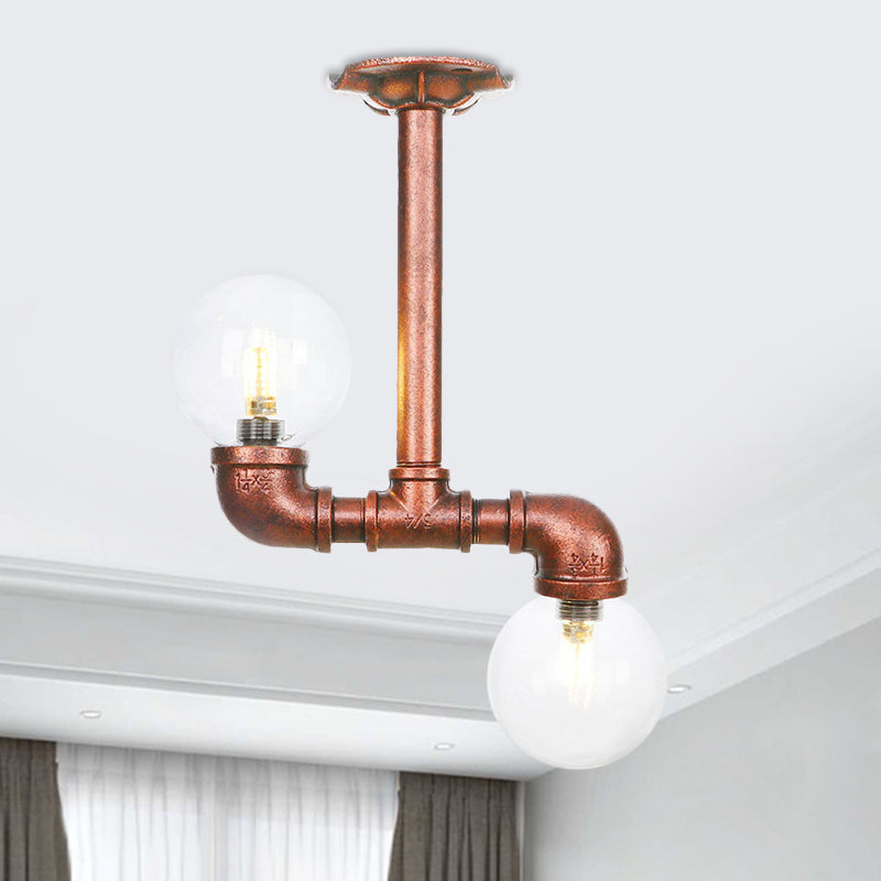2 Heads Clear Glass Semi Flush Mount Industrial Copper Finish Orb Corridor Ceiling Flush Copper B Clearhalo 'Ceiling Lights' 'Close To Ceiling Lights' 'Close to ceiling' 'Glass shade' 'Glass' 'Semi-flushmount' Lighting' 756576