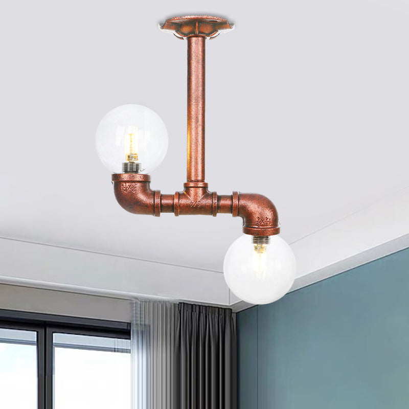 2 Heads Clear Glass Semi Flush Mount Industrial Copper Finish Orb Corridor Ceiling Flush Clearhalo 'Ceiling Lights' 'Close To Ceiling Lights' 'Close to ceiling' 'Glass shade' 'Glass' 'Semi-flushmount' Lighting' 756577