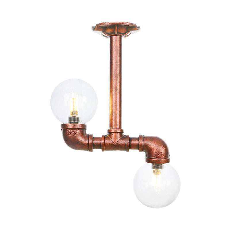 2 Heads Clear Glass Semi Flush Mount Industrial Copper Finish Orb Corridor Ceiling Flush Clearhalo 'Ceiling Lights' 'Close To Ceiling Lights' 'Close to ceiling' 'Glass shade' 'Glass' 'Semi-flushmount' Lighting' 756578