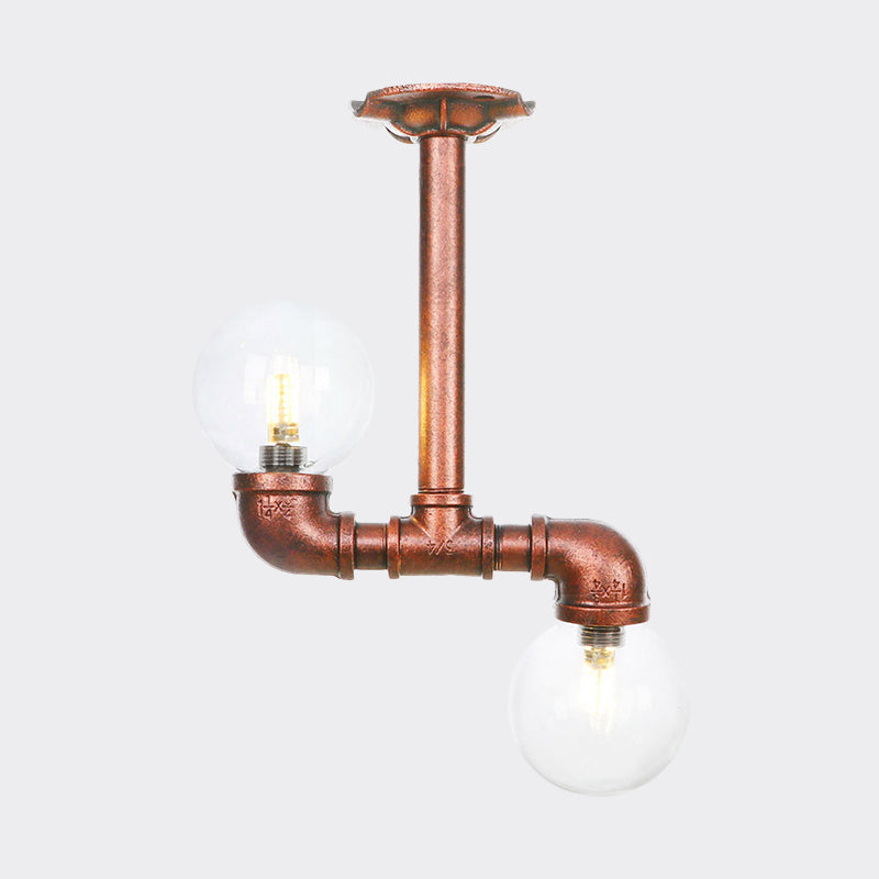 2 Heads Clear Glass Semi Flush Mount Industrial Copper Finish Orb Corridor Ceiling Flush Clearhalo 'Ceiling Lights' 'Close To Ceiling Lights' 'Close to ceiling' 'Glass shade' 'Glass' 'Semi-flushmount' Lighting' 756579