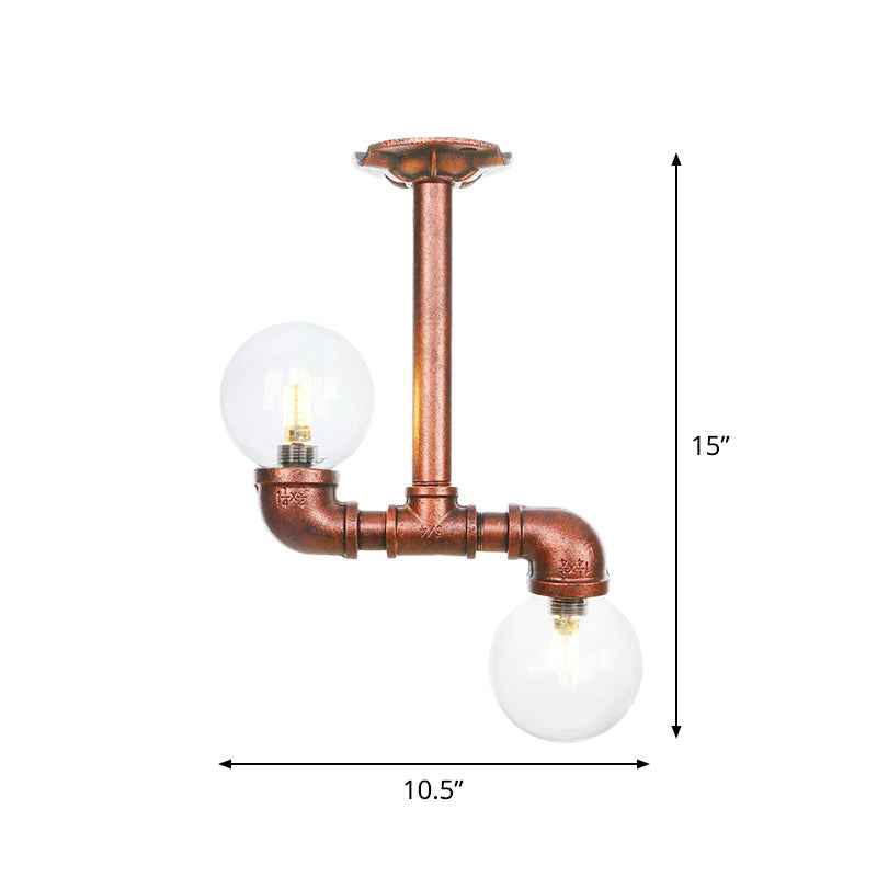 2 Heads Clear Glass Semi Flush Mount Industrial Copper Finish Orb Corridor Ceiling Flush Clearhalo 'Ceiling Lights' 'Close To Ceiling Lights' 'Close to ceiling' 'Glass shade' 'Glass' 'Semi-flushmount' Lighting' 756580