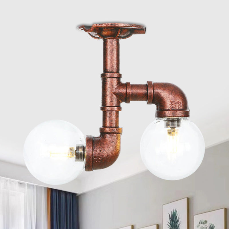 2 Heads Clear Glass Semi Flush Mount Industrial Copper Finish Orb Corridor Ceiling Flush Copper C Clearhalo 'Ceiling Lights' 'Close To Ceiling Lights' 'Close to ceiling' 'Glass shade' 'Glass' 'Semi-flushmount' Lighting' 756581