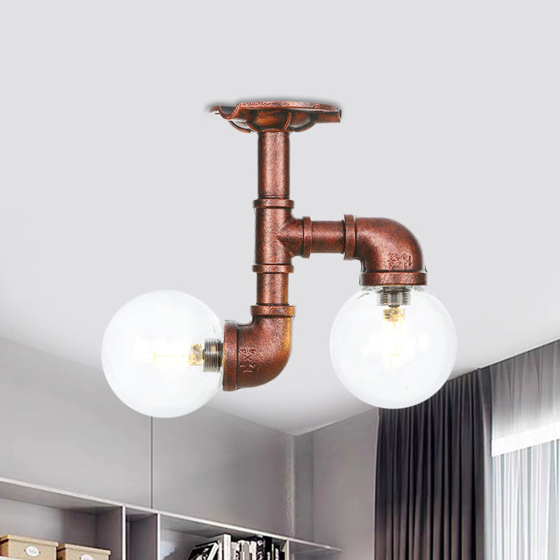 2 Heads Clear Glass Semi Flush Mount Industrial Copper Finish Orb Corridor Ceiling Flush Clearhalo 'Ceiling Lights' 'Close To Ceiling Lights' 'Close to ceiling' 'Glass shade' 'Glass' 'Semi-flushmount' Lighting' 756582