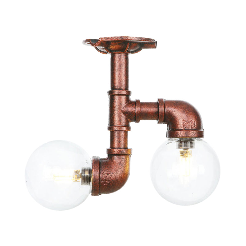 2 Heads Clear Glass Semi Flush Mount Industrial Copper Finish Orb Corridor Ceiling Flush Clearhalo 'Ceiling Lights' 'Close To Ceiling Lights' 'Close to ceiling' 'Glass shade' 'Glass' 'Semi-flushmount' Lighting' 756583