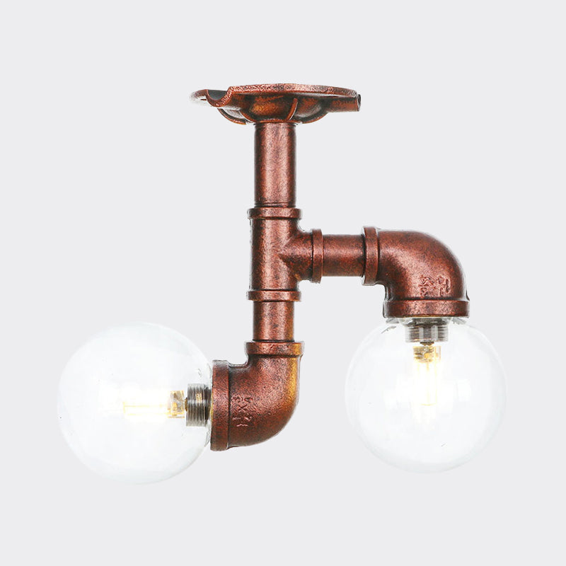 2 Heads Clear Glass Semi Flush Mount Industrial Copper Finish Orb Corridor Ceiling Flush Clearhalo 'Ceiling Lights' 'Close To Ceiling Lights' 'Close to ceiling' 'Glass shade' 'Glass' 'Semi-flushmount' Lighting' 756584
