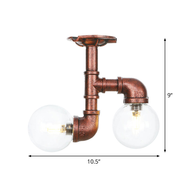 2 Heads Clear Glass Semi Flush Mount Industrial Copper Finish Orb Corridor Ceiling Flush Clearhalo 'Ceiling Lights' 'Close To Ceiling Lights' 'Close to ceiling' 'Glass shade' 'Glass' 'Semi-flushmount' Lighting' 756585