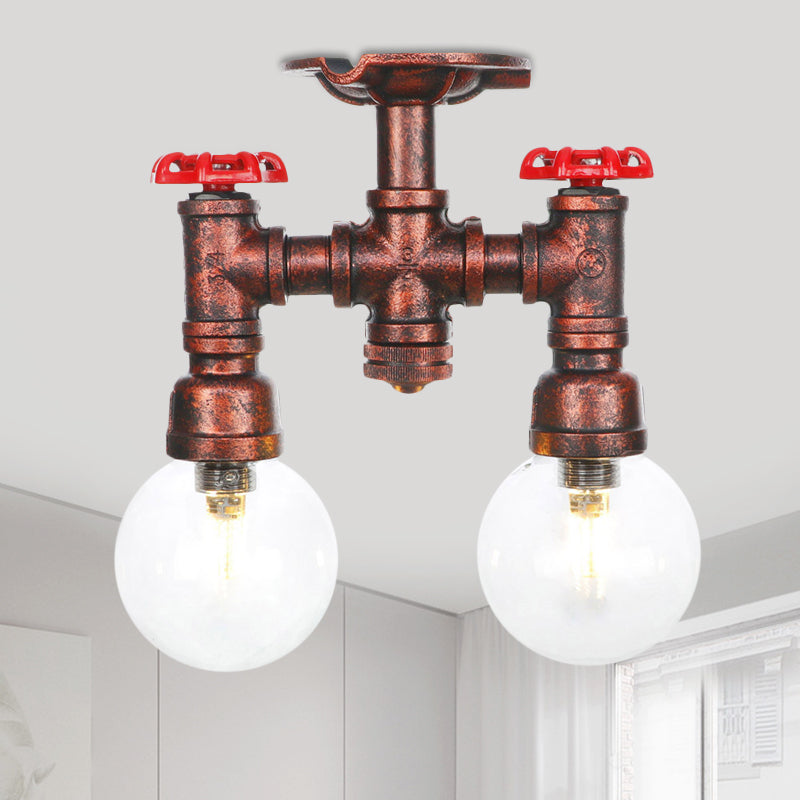 2 Heads Clear Glass Semi Flush Mount Industrial Copper Finish Orb Corridor Ceiling Flush Copper D Clearhalo 'Ceiling Lights' 'Close To Ceiling Lights' 'Close to ceiling' 'Glass shade' 'Glass' 'Semi-flushmount' Lighting' 756586