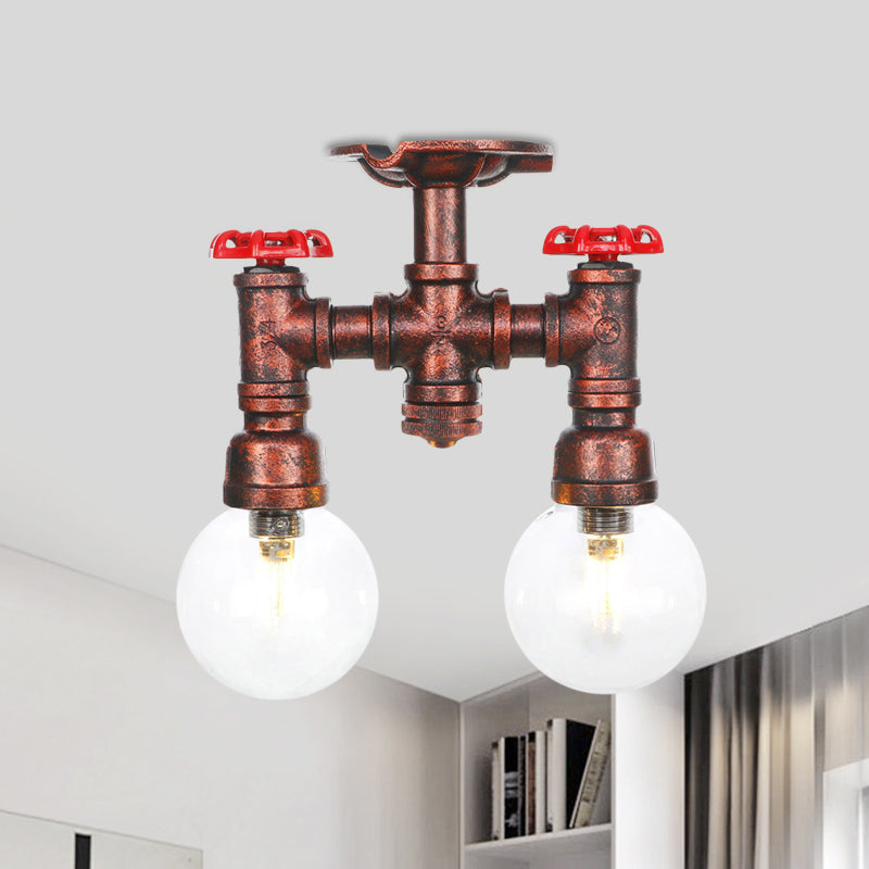 2 Heads Clear Glass Semi Flush Mount Industrial Copper Finish Orb Corridor Ceiling Flush Clearhalo 'Ceiling Lights' 'Close To Ceiling Lights' 'Close to ceiling' 'Glass shade' 'Glass' 'Semi-flushmount' Lighting' 756587
