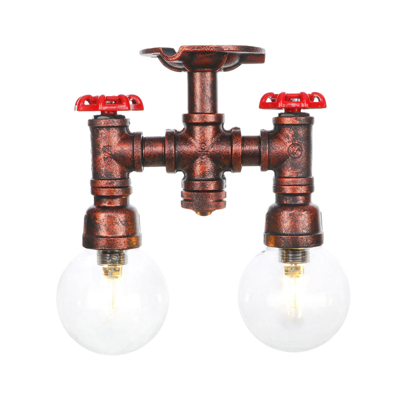 2 Heads Clear Glass Semi Flush Mount Industrial Copper Finish Orb Corridor Ceiling Flush Clearhalo 'Ceiling Lights' 'Close To Ceiling Lights' 'Close to ceiling' 'Glass shade' 'Glass' 'Semi-flushmount' Lighting' 756588