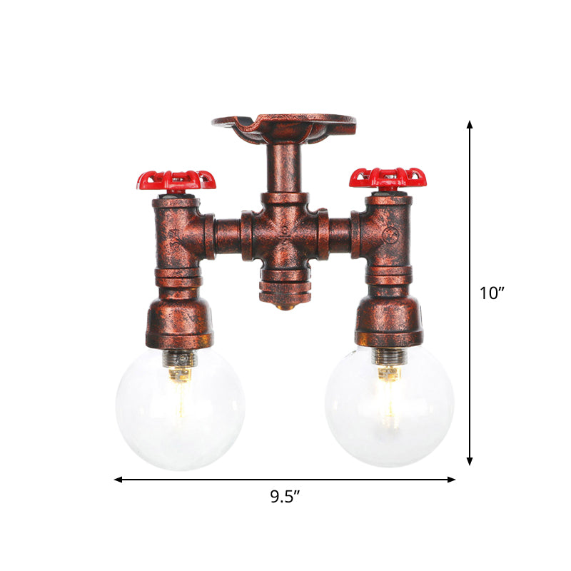 2 Heads Clear Glass Semi Flush Mount Industrial Copper Finish Orb Corridor Ceiling Flush Clearhalo 'Ceiling Lights' 'Close To Ceiling Lights' 'Close to ceiling' 'Glass shade' 'Glass' 'Semi-flushmount' Lighting' 756590