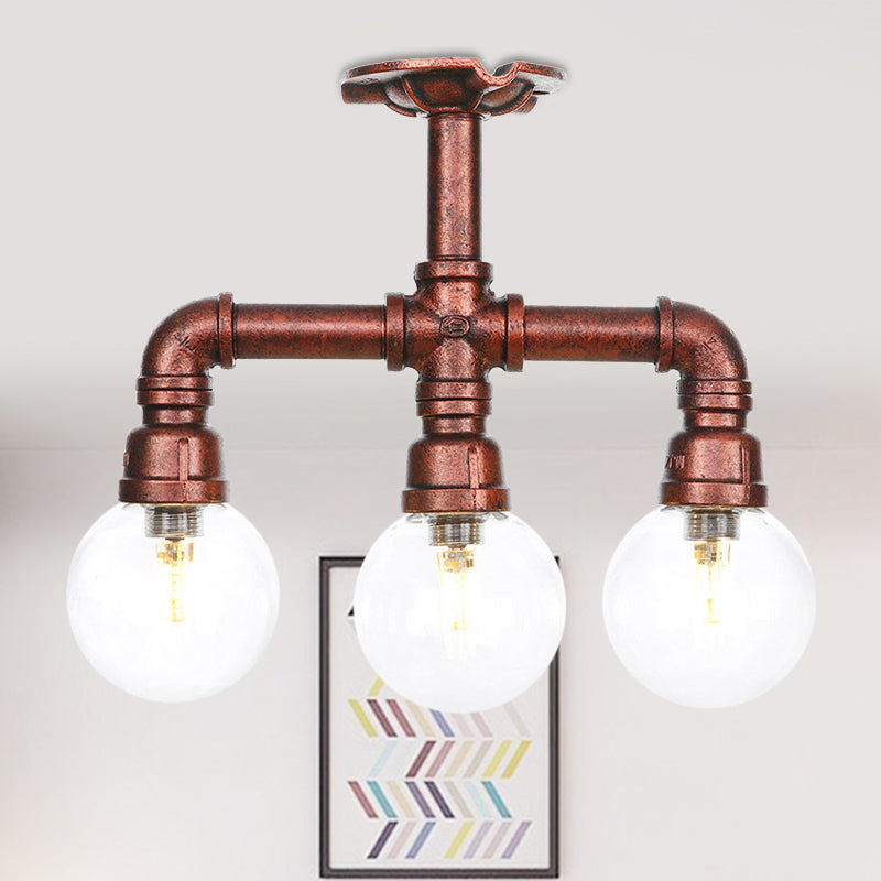 Rustic Global Semi-Flush Ceiling Fixture 3/4-Light Clear Glass Flush Mount Lighting in Copper Copper B Clearhalo 'Ceiling Lights' 'Close To Ceiling Lights' 'Close to ceiling' 'Glass shade' 'Glass' 'Semi-flushmount' Lighting' 756595