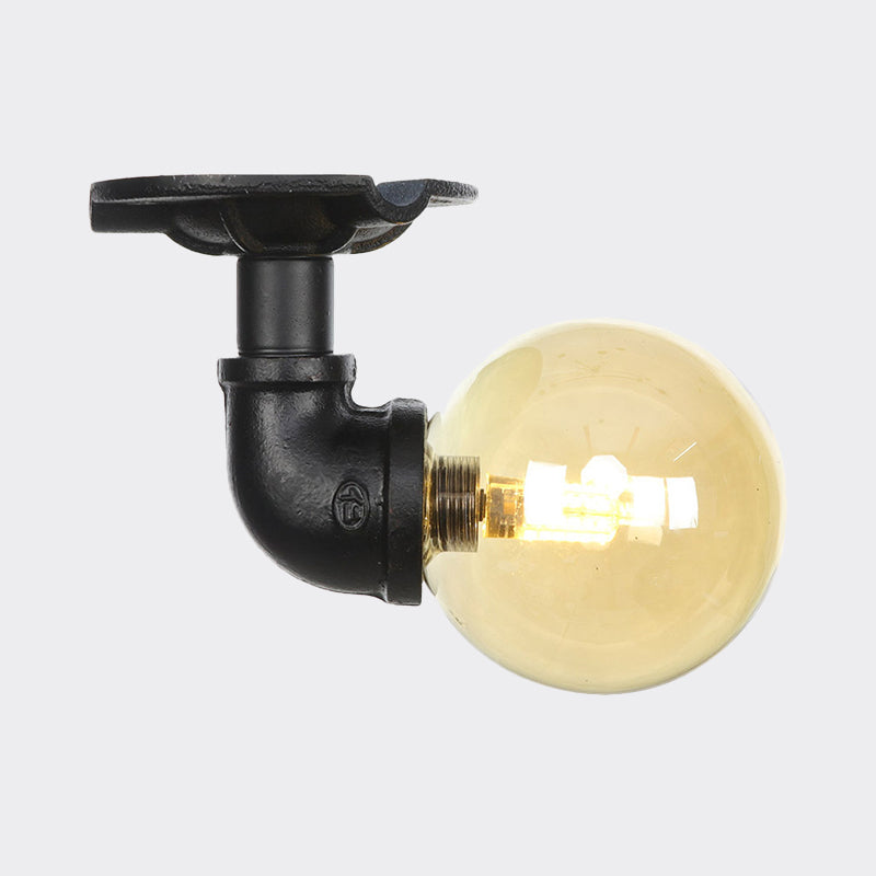 1-Light Ball Semi Flush Mount Light Vintage Black Finish Amber Glass Ceiling Lamp Fixture Clearhalo 'Ceiling Lights' 'Close To Ceiling Lights' 'Close to ceiling' 'Glass shade' 'Glass' 'Semi-flushmount' Lighting' 756631