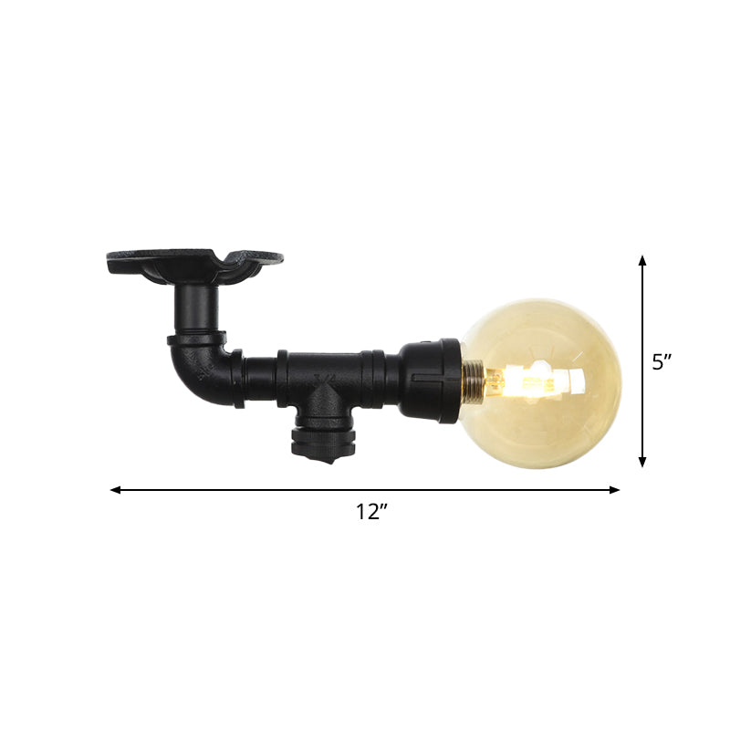 1-Light Ball Semi Flush Mount Light Vintage Black Finish Amber Glass Ceiling Lamp Fixture Clearhalo 'Ceiling Lights' 'Close To Ceiling Lights' 'Close to ceiling' 'Glass shade' 'Glass' 'Semi-flushmount' Lighting' 756642