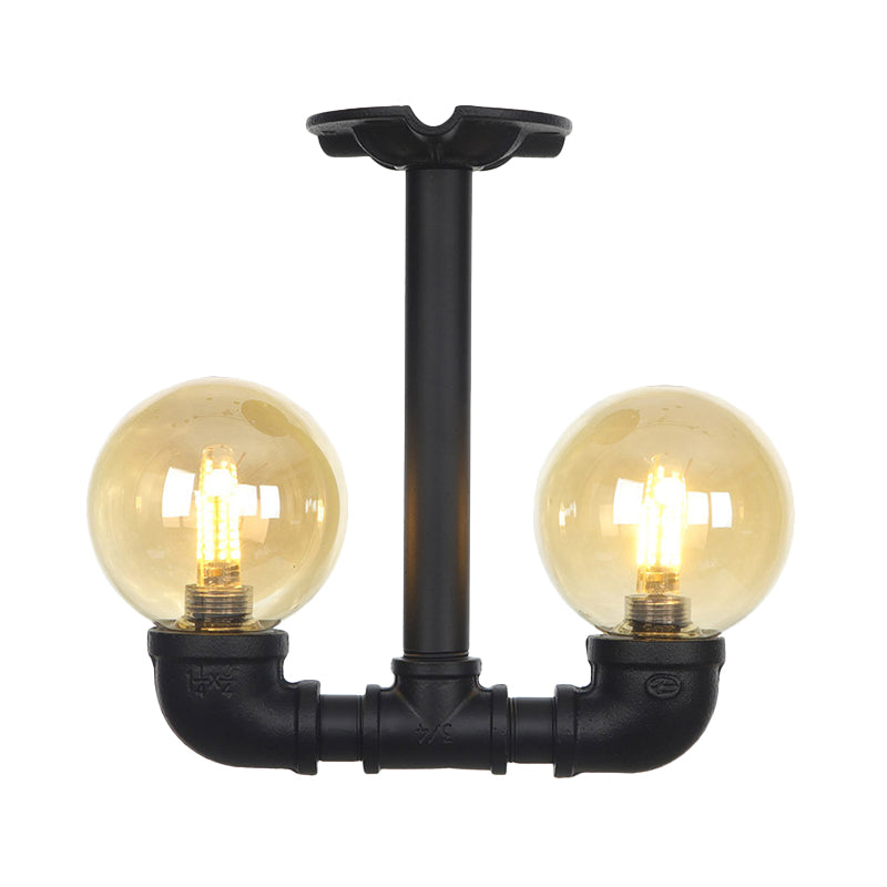 2-Head Semi-Flush Ceiling Fixture Industrial Ball Amber Glass Flush Mount Lighting in Black Clearhalo 'Ceiling Lights' 'Close To Ceiling Lights' 'Close to ceiling' 'Glass shade' 'Glass' 'Semi-flushmount' Lighting' 756687