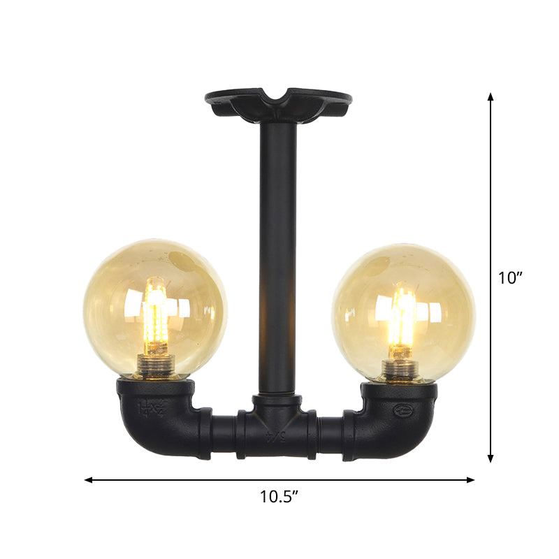 2-Head Semi-Flush Ceiling Fixture Industrial Ball Amber Glass Flush Mount Lighting in Black Clearhalo 'Ceiling Lights' 'Close To Ceiling Lights' 'Close to ceiling' 'Glass shade' 'Glass' 'Semi-flushmount' Lighting' 756689