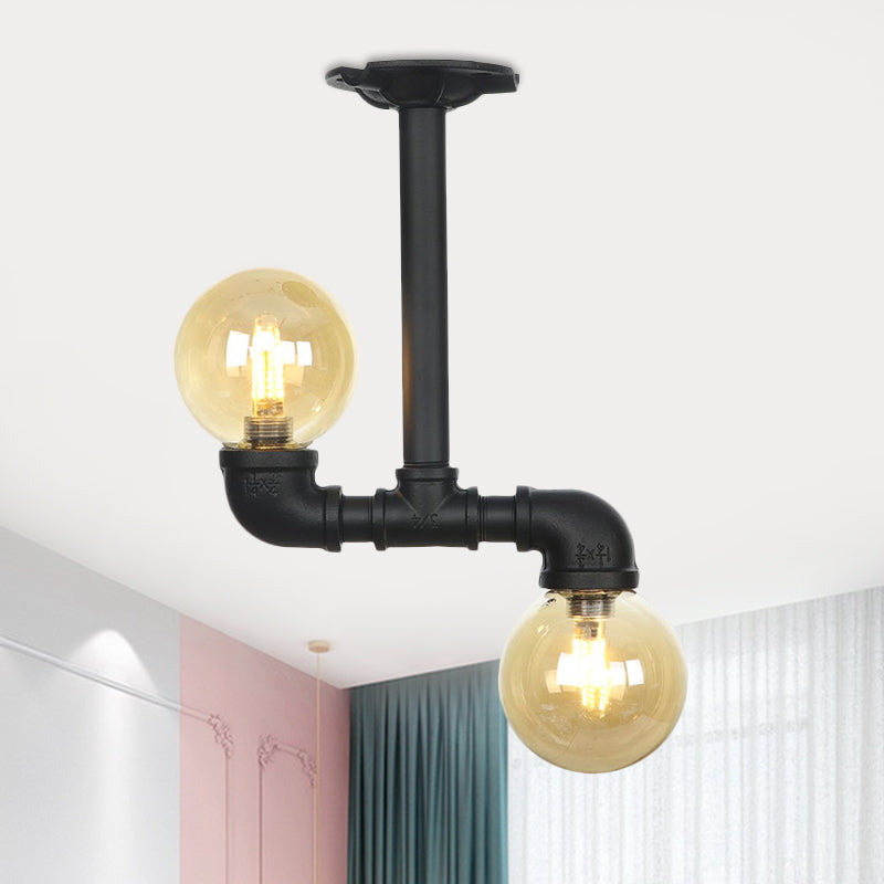 2-Head Semi-Flush Ceiling Fixture Industrial Ball Amber Glass Flush Mount Lighting in Black Black B Clearhalo 'Ceiling Lights' 'Close To Ceiling Lights' 'Close to ceiling' 'Glass shade' 'Glass' 'Semi-flushmount' Lighting' 756690